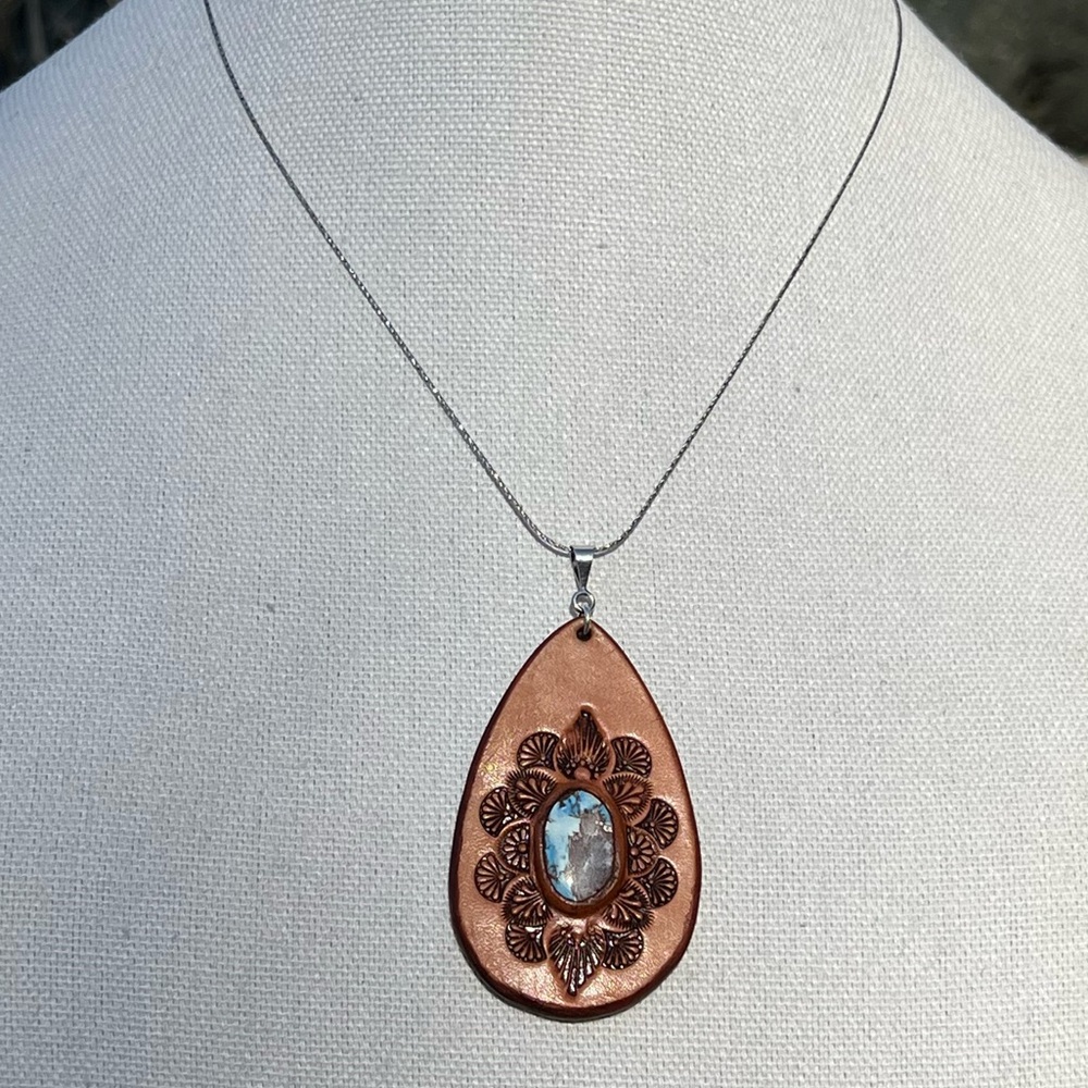 Golden Hills Kazakhstan Turquoise Tooled Leather Pendant 925 Silver Necklace